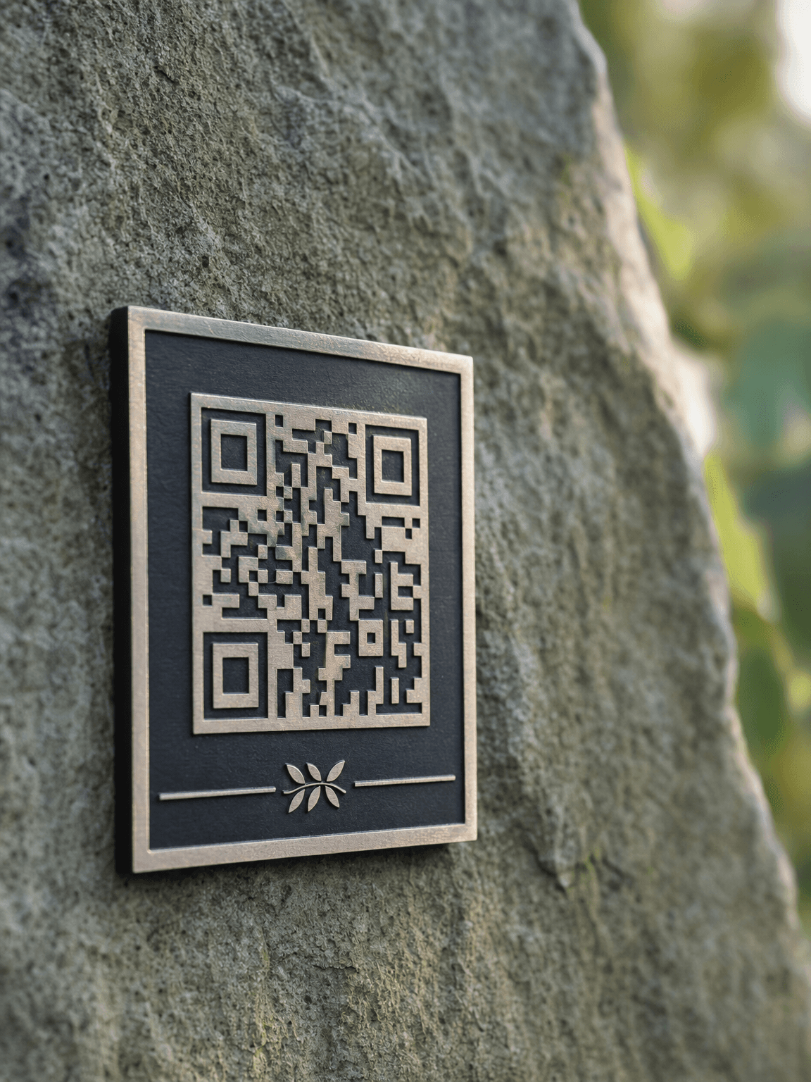 A close-up of a QR code memorial plaque mounted on stone