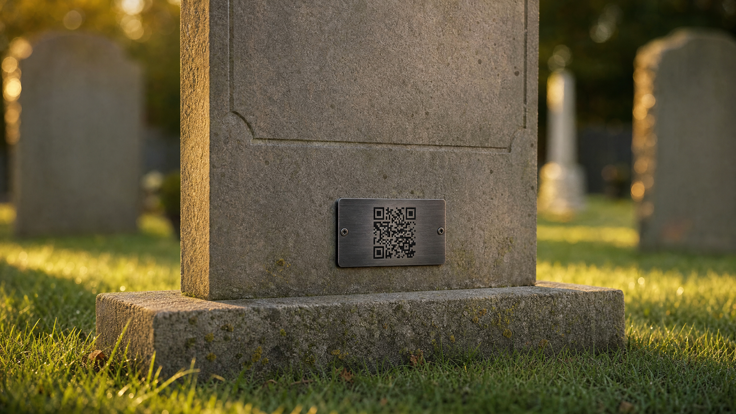 A QR code memorial plaque affixed to a stone headstone in a peaceful cemetery